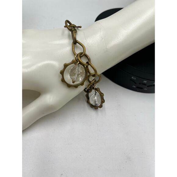 Vintage Style Clear Faceted Quartz Crystal Charm Bracelet Brass Tone 7.5" - Picture 3 of 7